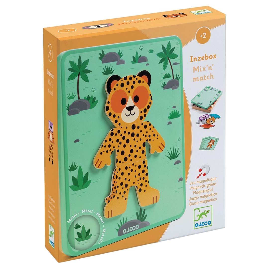 Verpakking van het Djeco magnetisch speelgoed 'Mix 'n' Match' met een luipaardfiguur op een groene achtergrond.