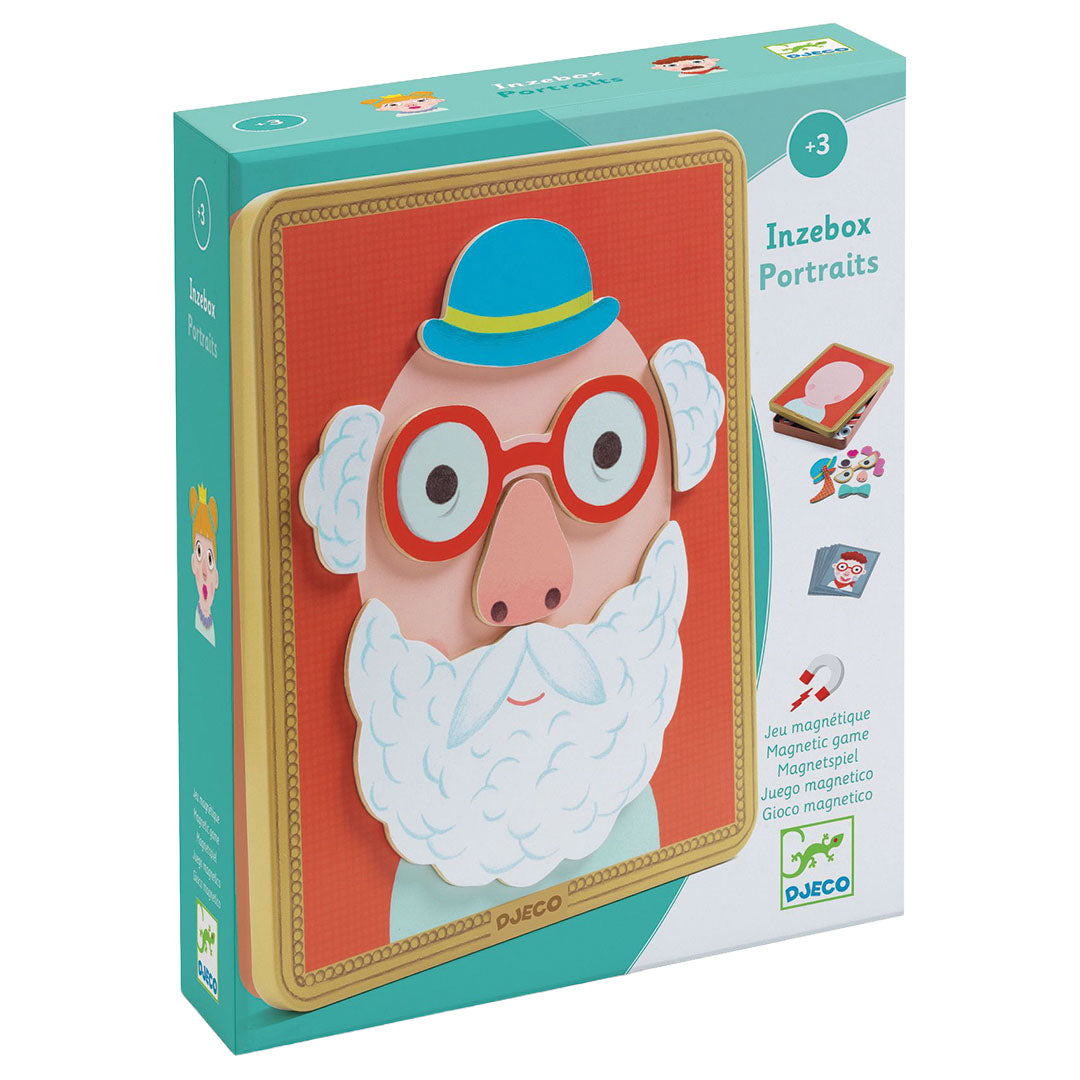Djeco magneetset Inzebox Portraits verpakking met een voorbeeld van een portret van een man met baard en bril.