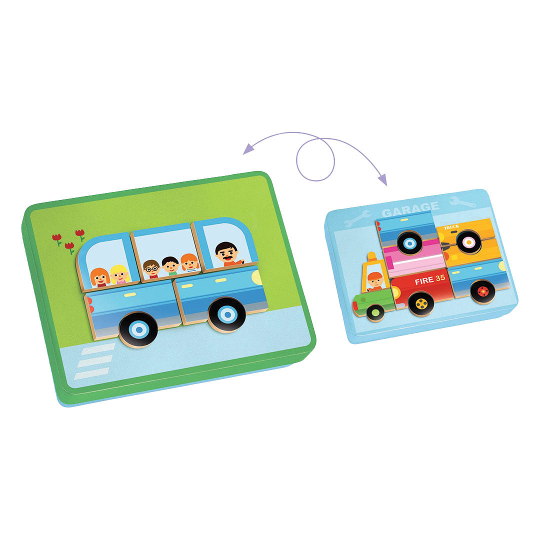 Twee magnetische speelborden met een blauwe bus en een voorbeeld van gestapelde voertuigonderdelen van de Djeco Inzebox Vehicles set.
