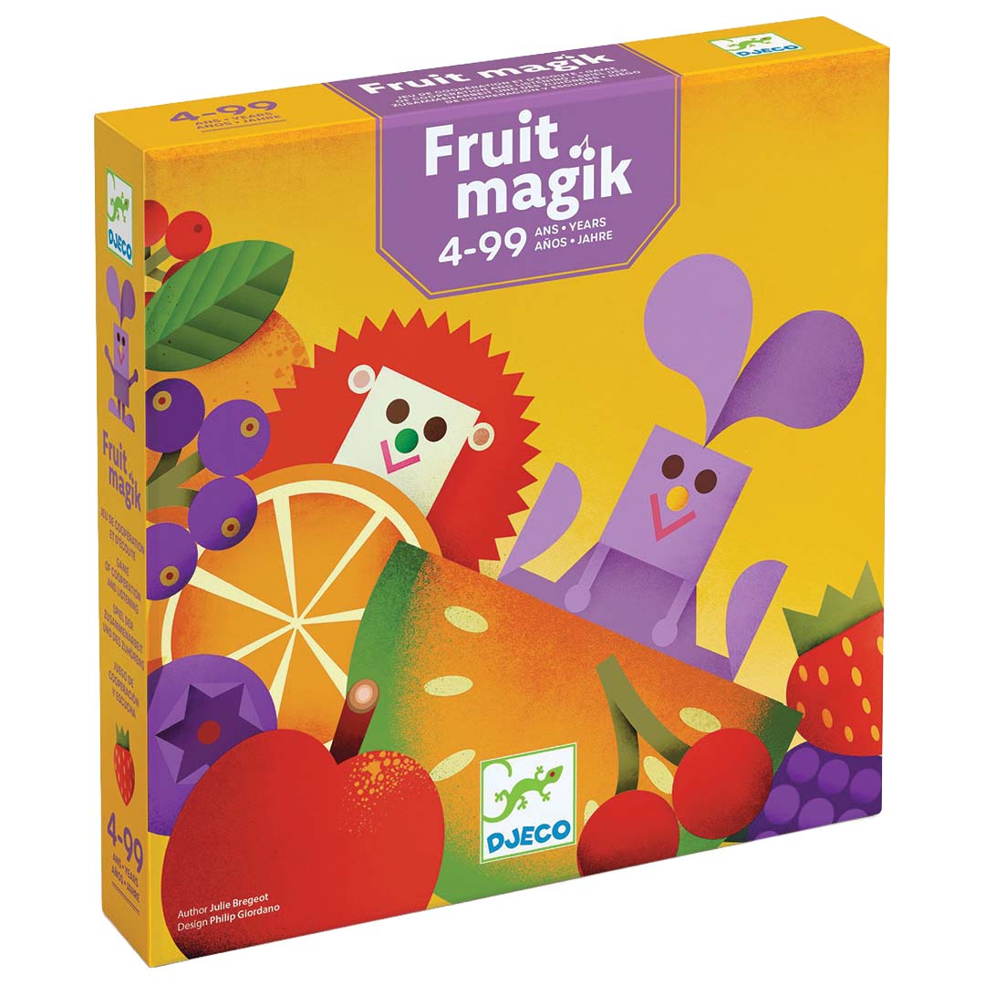 Djeco Fruit Magik magneetspel verpakking met kleurrijke illustraties van fruit en dieren.