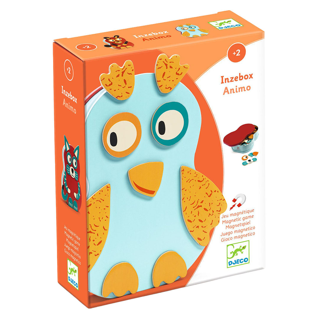Djeco Inzebox Animo magnetisch speelgoed in de verpakking met een blauwe uil.