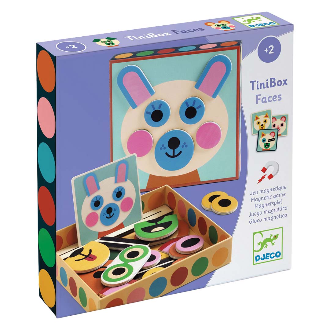 Verpakking van het Djeco magneetspel TiniBox Faces met een konijnengezicht.