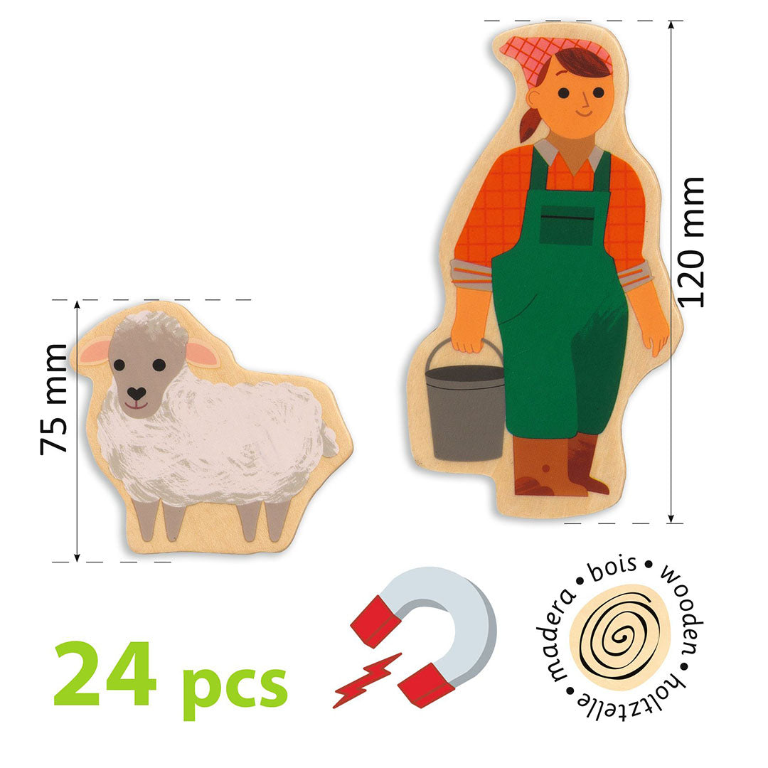 Infographic van de Djeco boerderij magneten met afmetingen, het aantal van 24 stuks en de vermelding dat ze van hout en magnetisch zijn.