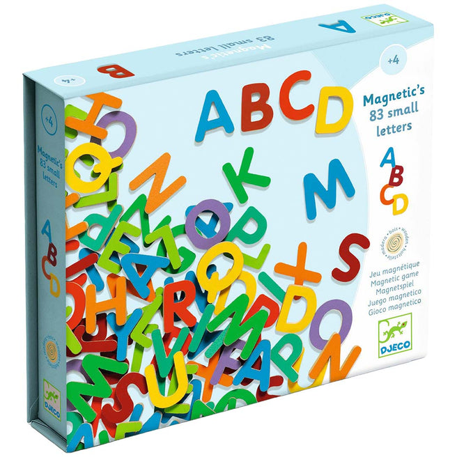 Djeco verpakking van educatieve magnetische letters in verschillende kleuren.
