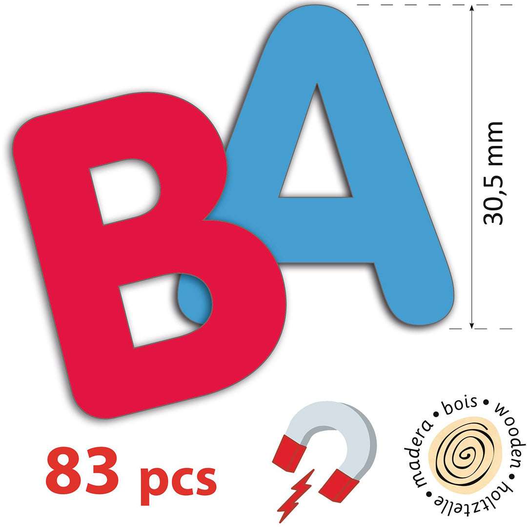 Detailfoto van een rode 'B' en blauwe 'A' magnetische letter, met afmetingen en een magneet-icoon.