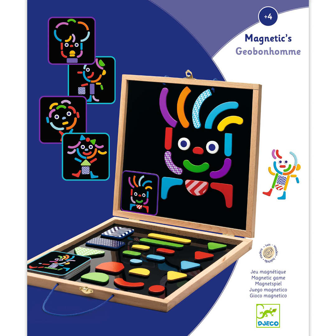 Infographic van de Djeco magneten koffer met voorbeelden van figuren gemaakt van de geometrische vormen.