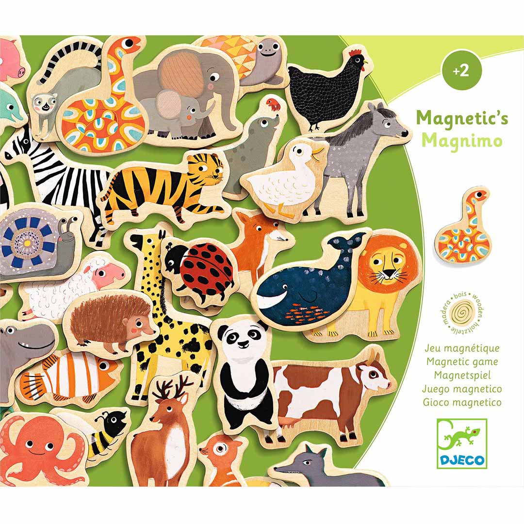 Detailopname van het Djeco Magnetic's Magnimo magnetisch spel met diverse houten dierenmagneten.