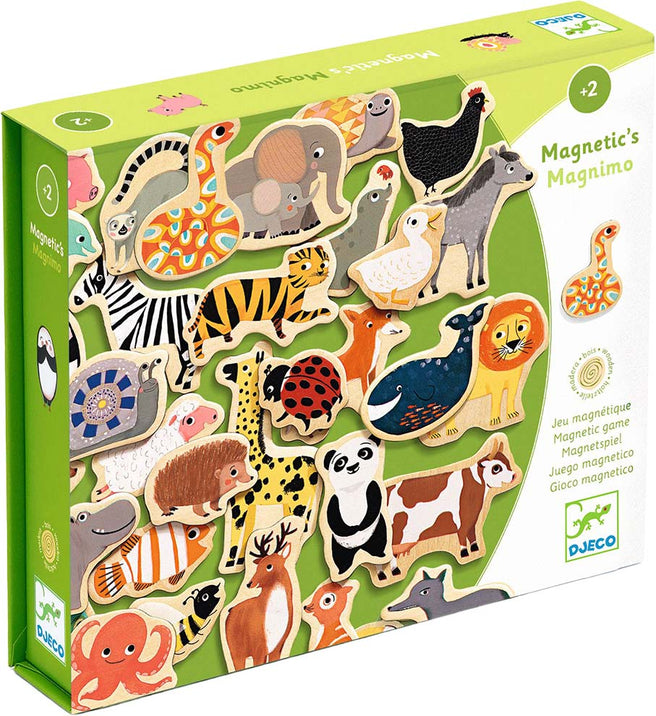 Djeco Magnimo magnetisch spel met houten dierenmagneten, gezien op de verpakking.