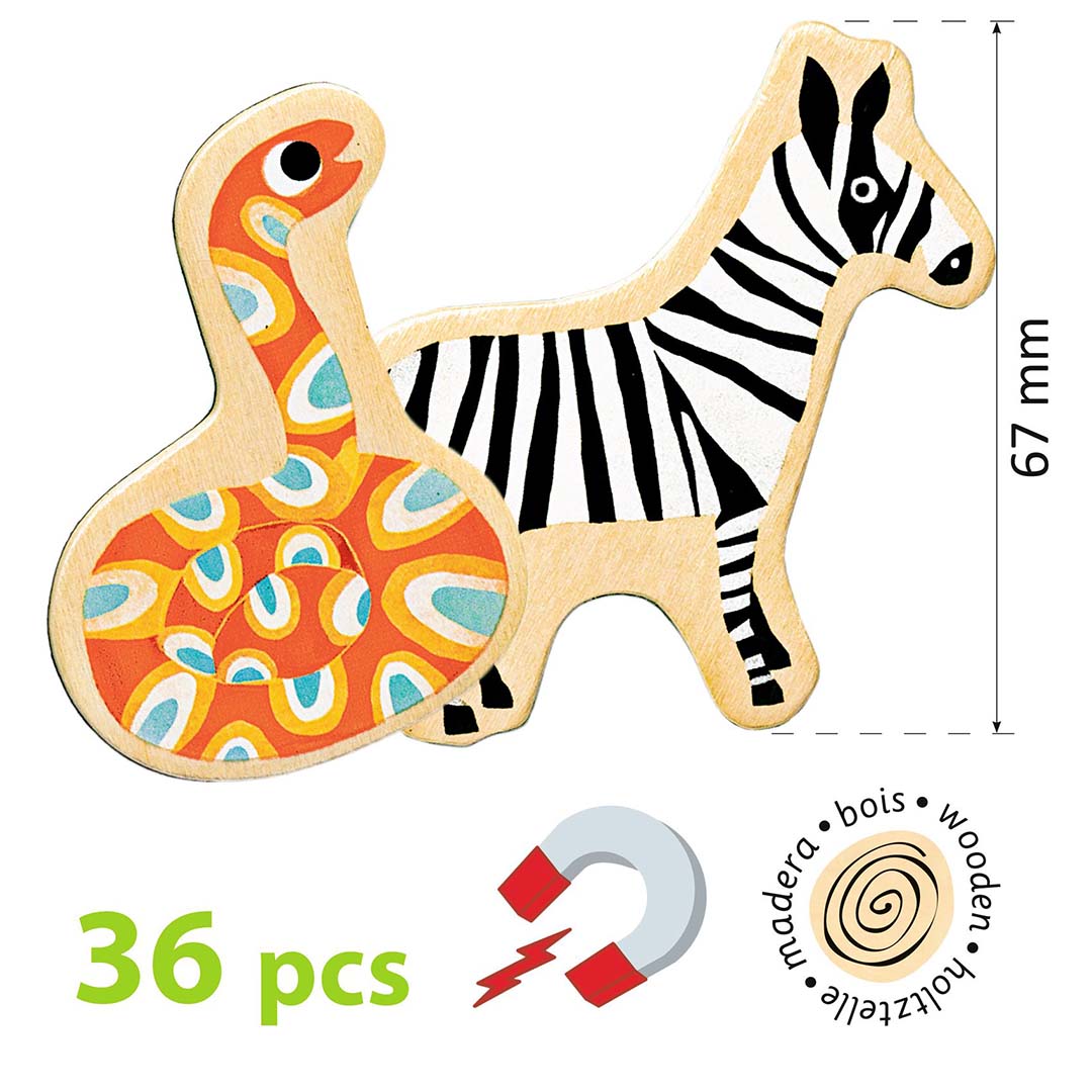 Infographic van twee Djeco houten dierenmagneten, een slang en een zebra, met de afmeting 67 mm en het aantal van 36 stuks.