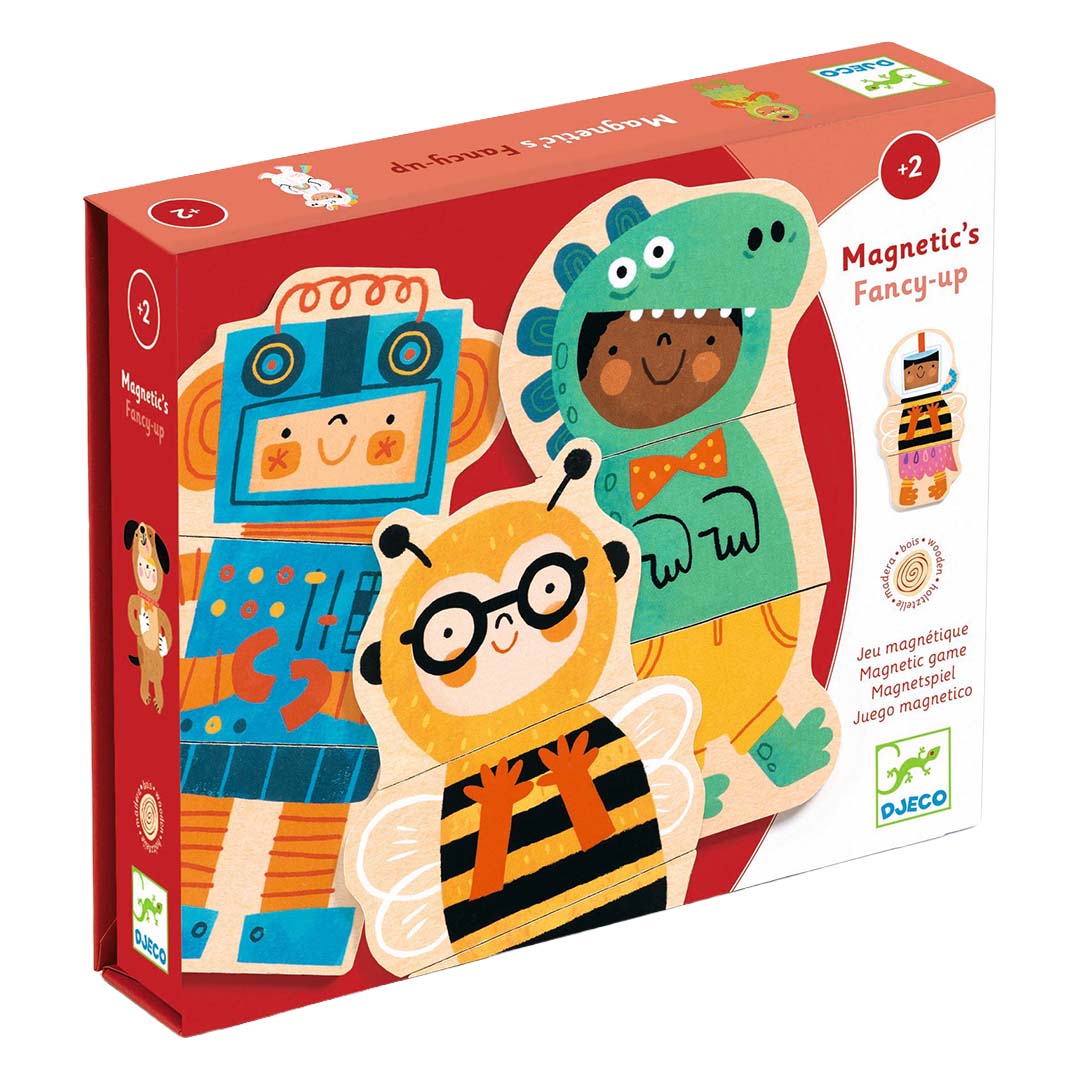 De Djeco productverpakking van het magnetische aankleedspel 'Magnetic's Fancy-up' met afbeeldingen van een robot, bij en dinosaurus.