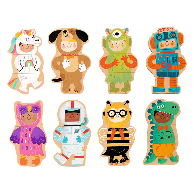 Djeco houten magnetische aankleedfiguren van acht kinderen in verschillende kostuums zoals een eenhoorn, hond en robot.