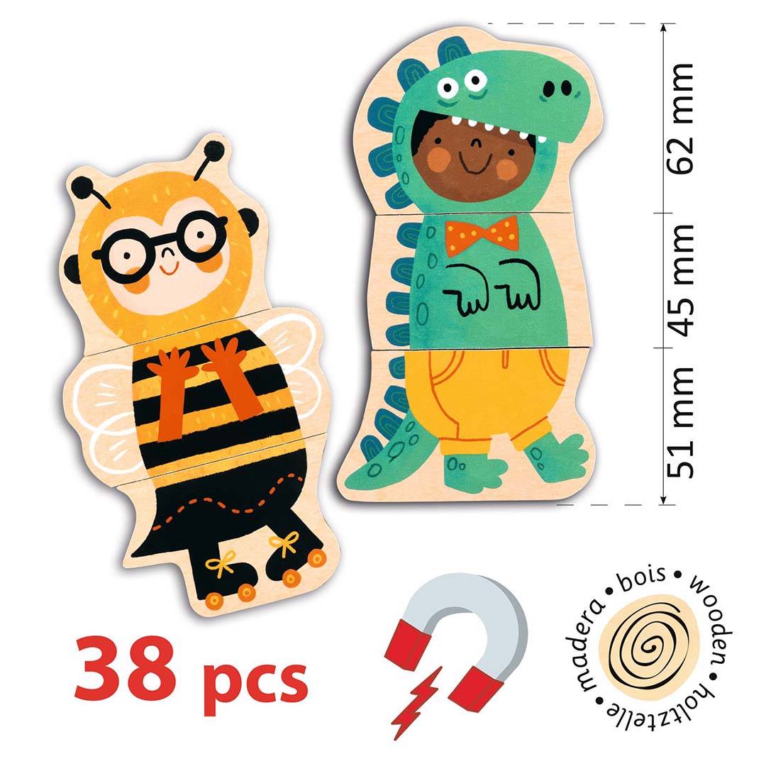Infographic van twee houten magnetische aankleedfiguren, een bij en een dinosaurus, met afmetingen en de tekst '38 pcs'.