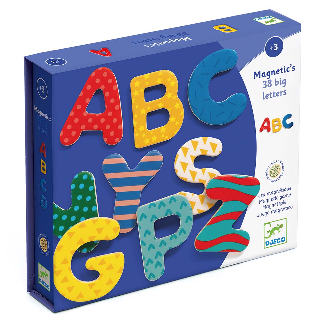 Djeco verpakking van magnetische letters met kleurrijke letters ABC, YSZ, GPZ erop.