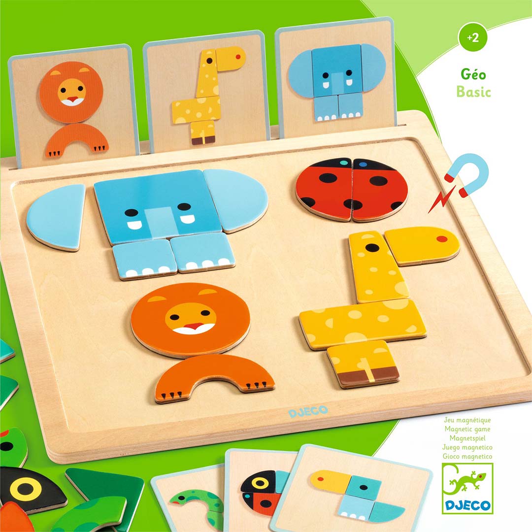 Djeco magnetische houten puzzel Geo Basic met dierenfiguren gemaakt van geometrische vormen op een houten bord.