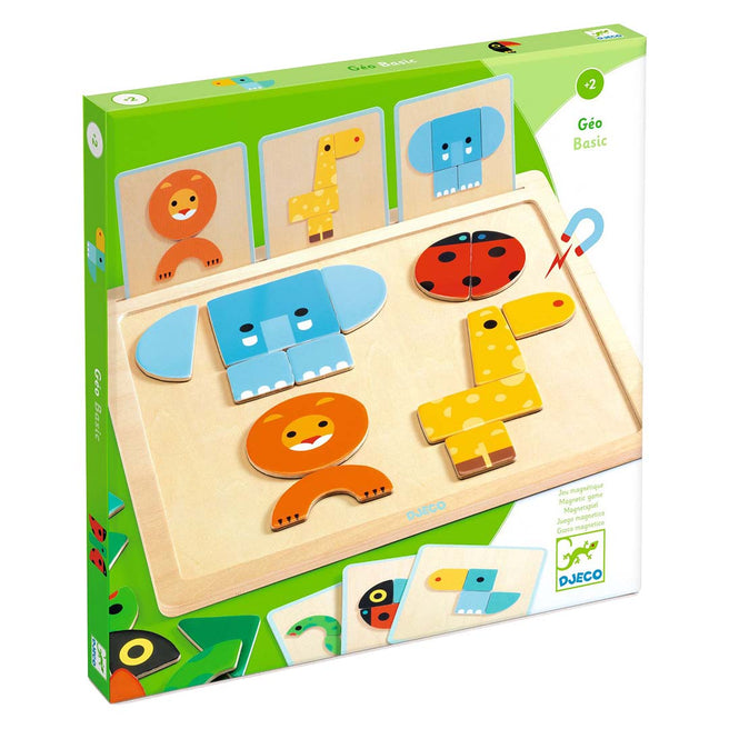 Verpakking van de Djeco magnetische houten puzzel Geo Basic met dierenfiguren gemaakt van geometrische vormen.