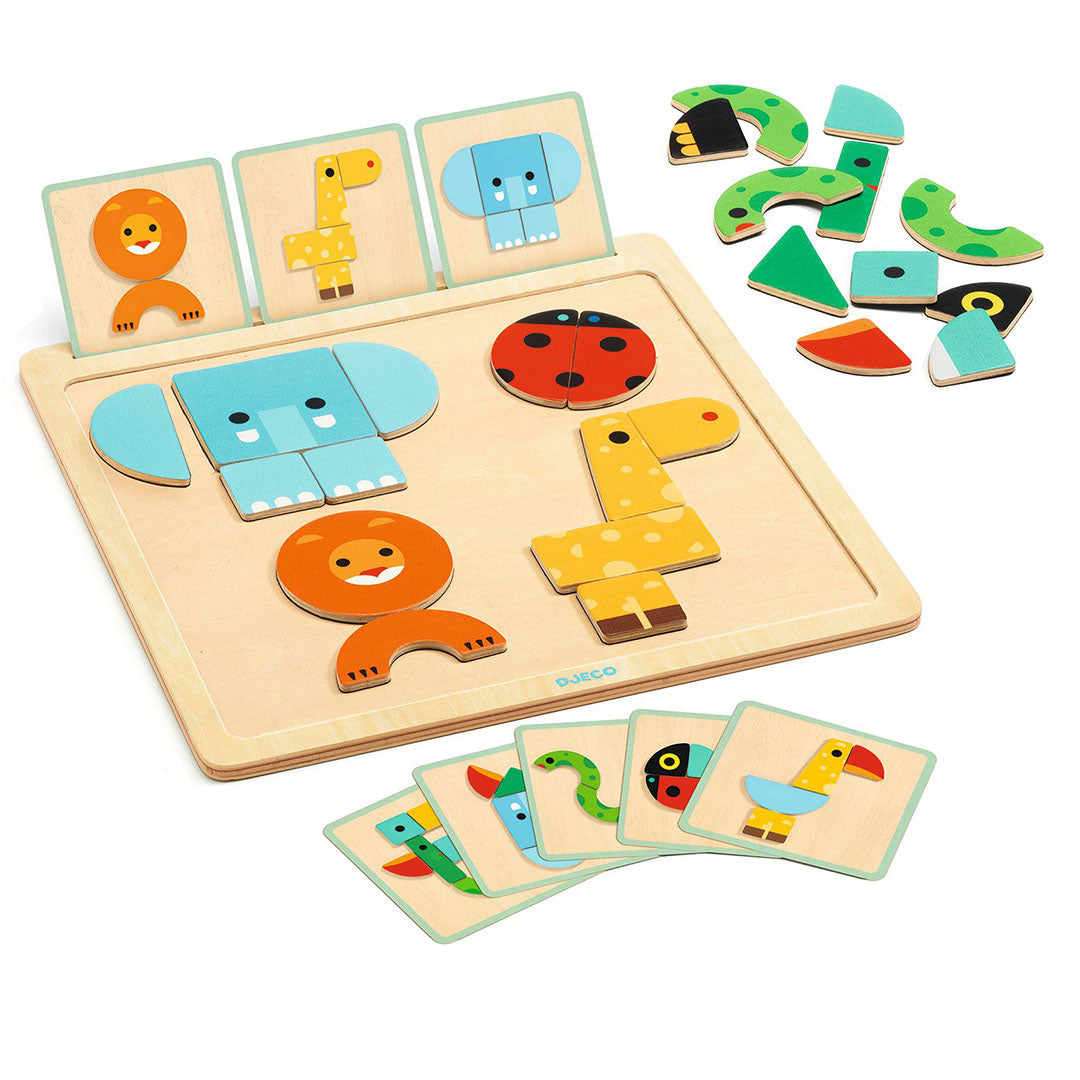 Djeco magnetische houten puzzel Geo Basic met samengestelde dierenfiguren en losse geometrische stukken op een houten bord.