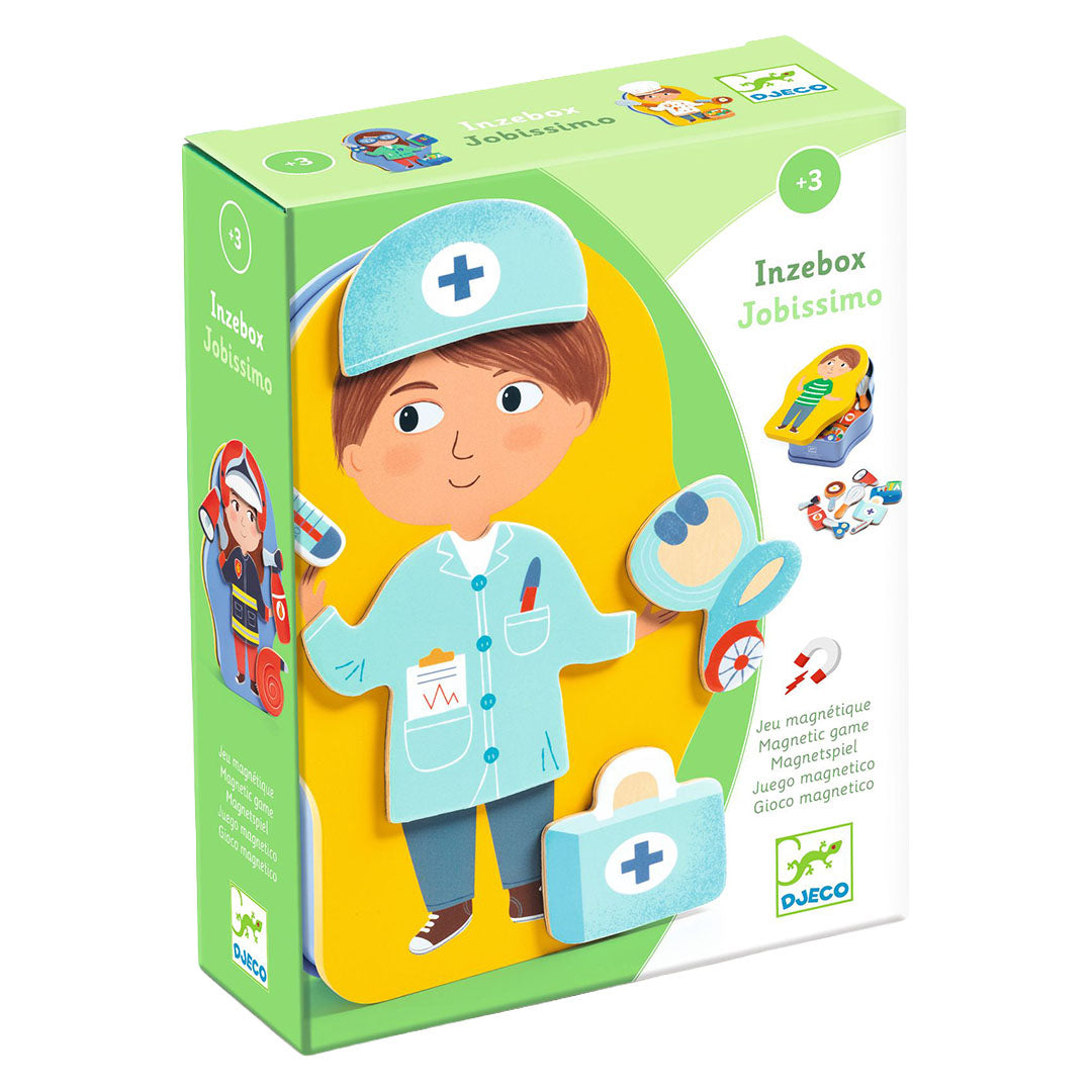 De verpakking van de Djeco Inzebox Jobissimo magnetische aankleedpop, met een jongen als dokter afgebeeld.