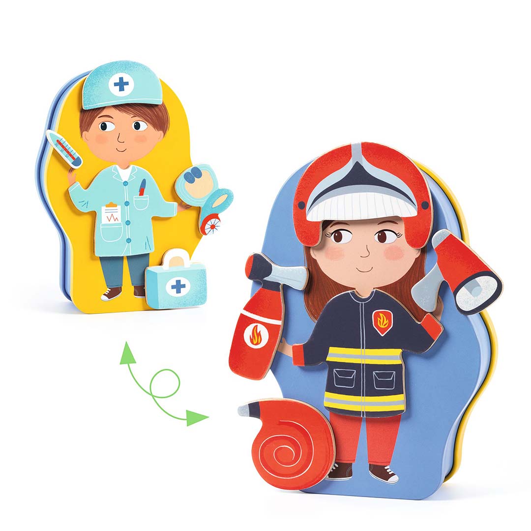Djeco magnetische aankleedpoppen van een dokter en een brandweervrouw met bijbehorende accessoires.