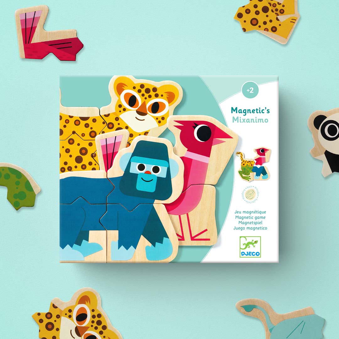 Djeco verpakking van de magnetische houten dierenpuzzel, omringd door losse puzzelstukken van verschillende dieren.