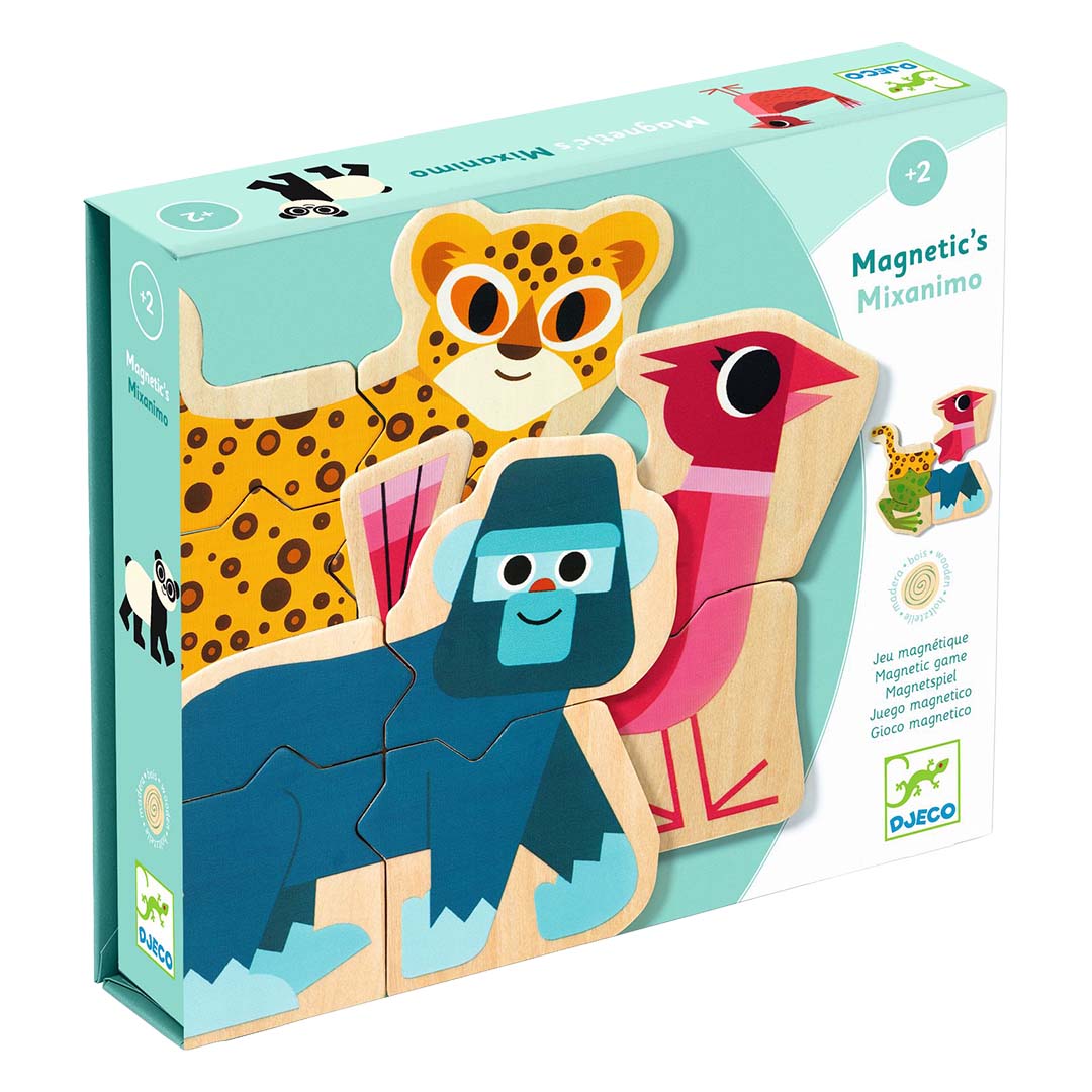Djeco verpakking van de magnetische houten dierenpuzzel met een luipaard, gorilla en vogel.