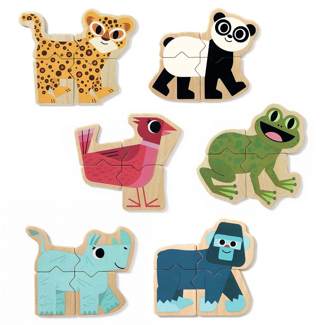 Zes complete magnetische houten dierenpuzzels van een luipaard, panda, vogel, kikker, neushoorn en gorilla.