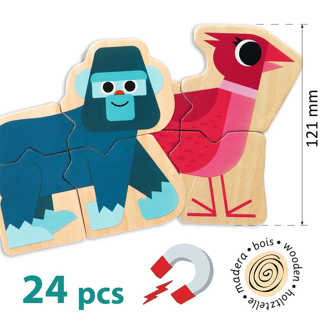 Infographic van de magnetische houten dierenpuzzel met een gorilla en vogel, de afmeting 121 mm en het aantal van 24 stuks.