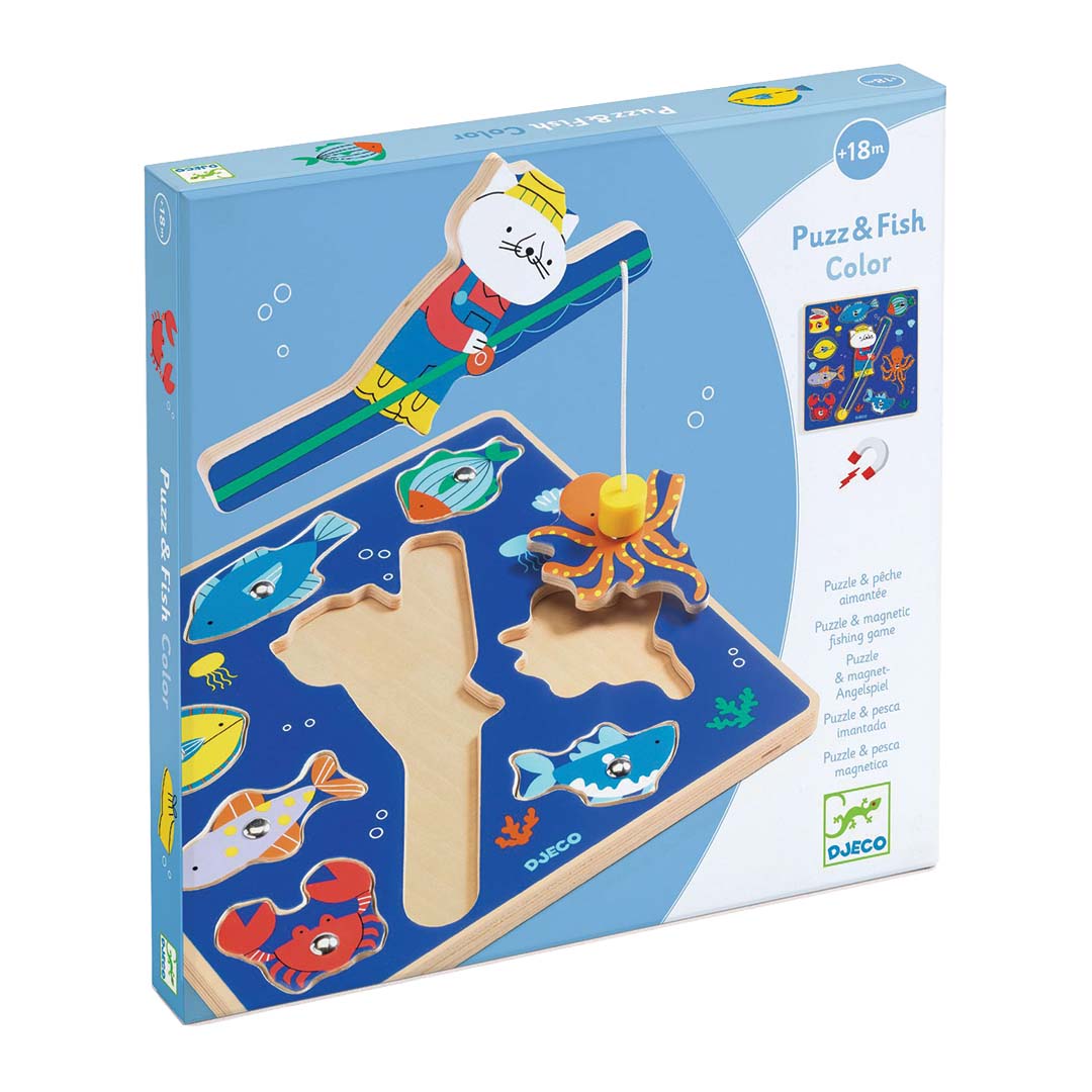 De verpakking van de Djeco houten magnetische puzzel Puzz & Fish Color.