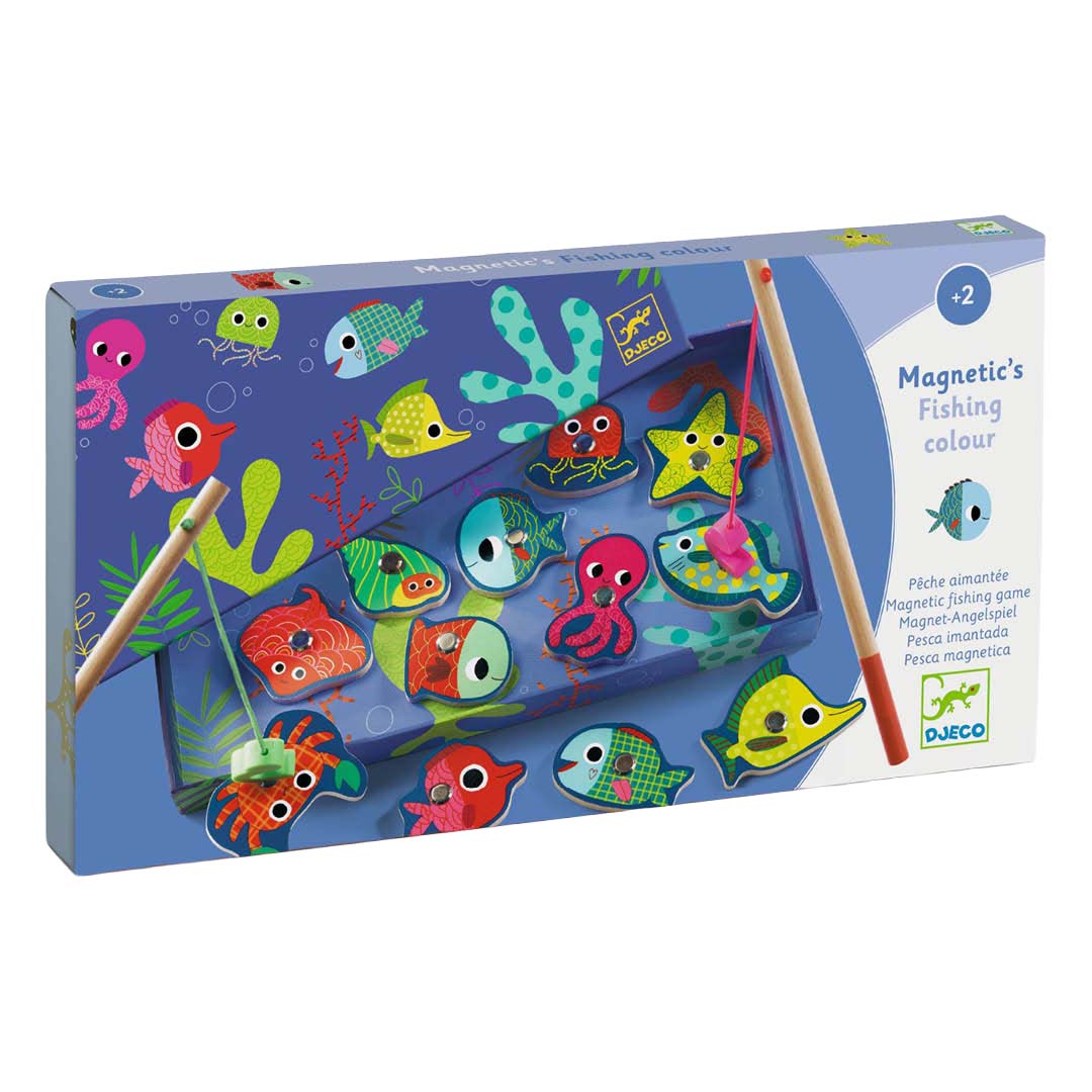 De verpakking van het Djeco magnetisch visspel met een afbeelding van de kleurrijke vissen en hengels.