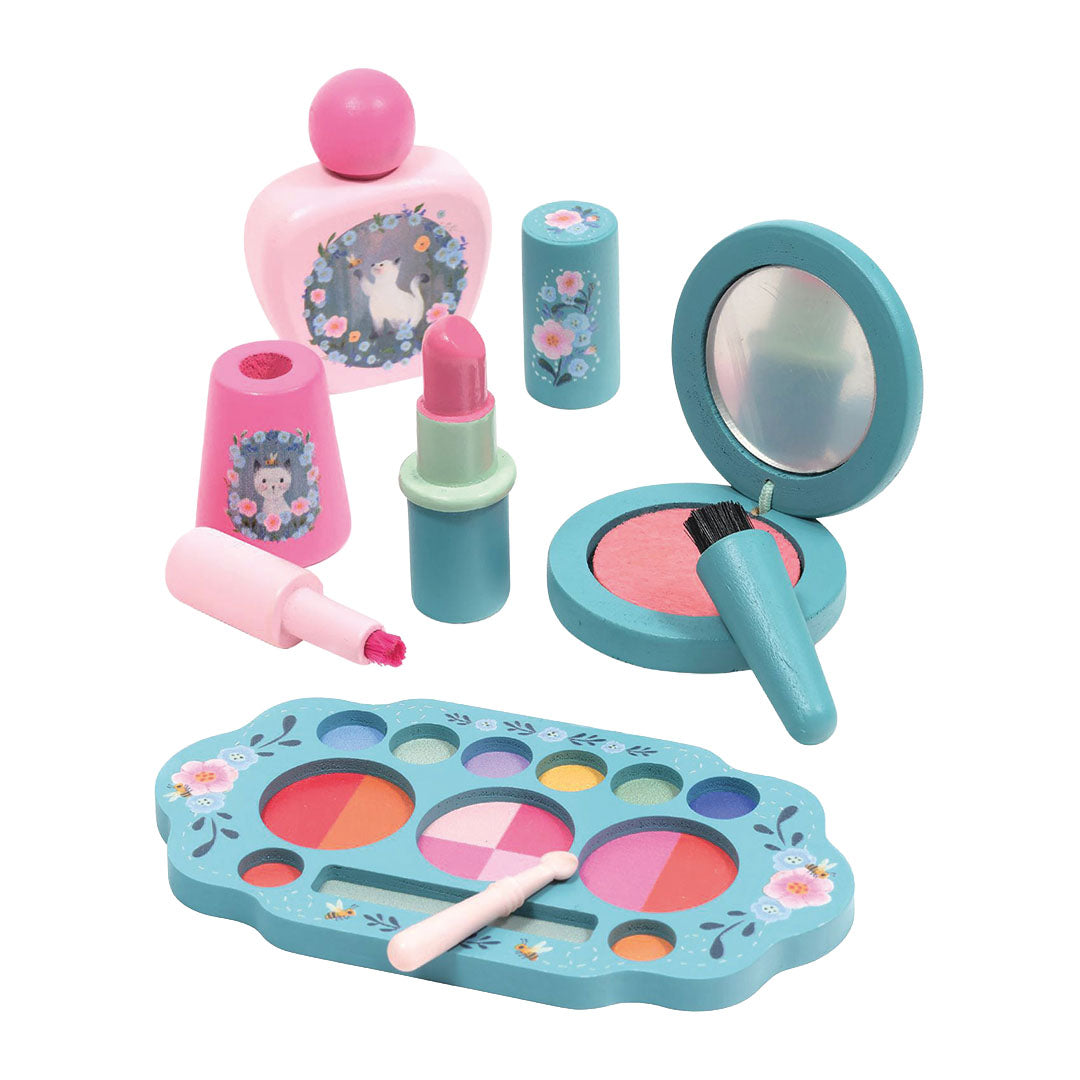 Djeco houten make-up speelset met losse parfumfles, lippenstift, blush en oogschaduwpalet, versierd met bloemen.