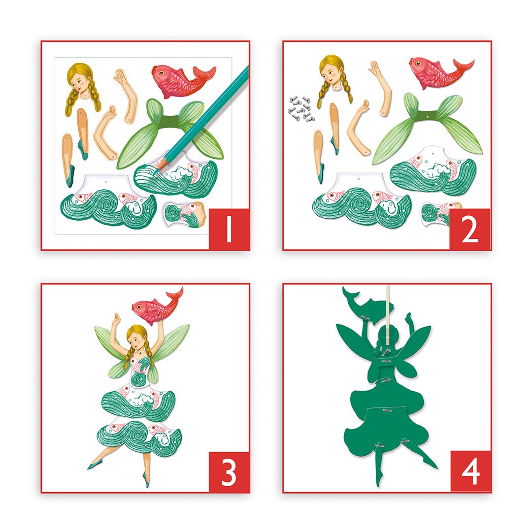 Infographic met vier stappen die laten zien hoe je een Djeco beweegbare fee in elkaar zet, van kleuren tot monteren.