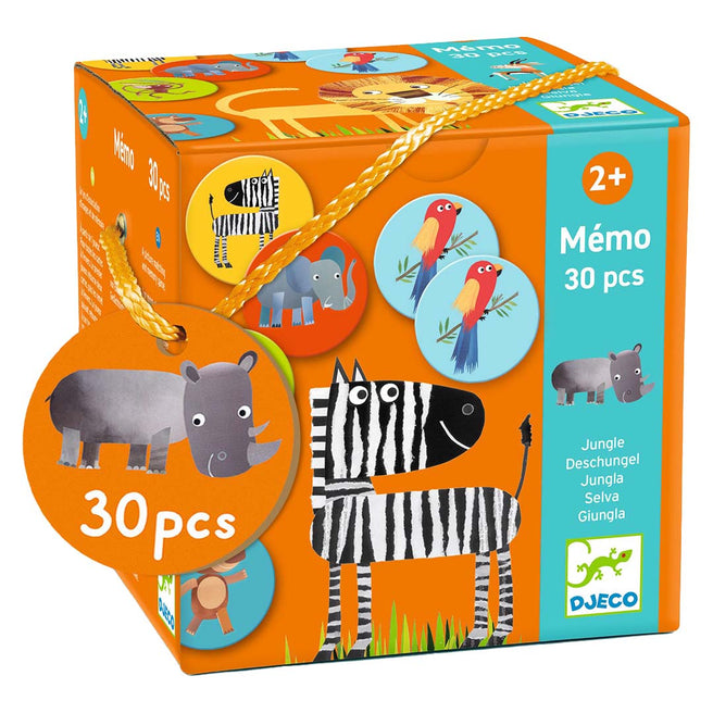 Djeco memorie jungle spelverpakking met afbeeldingen van diverse jungle dieren en de tekst 'Mémo 30 pcs'.