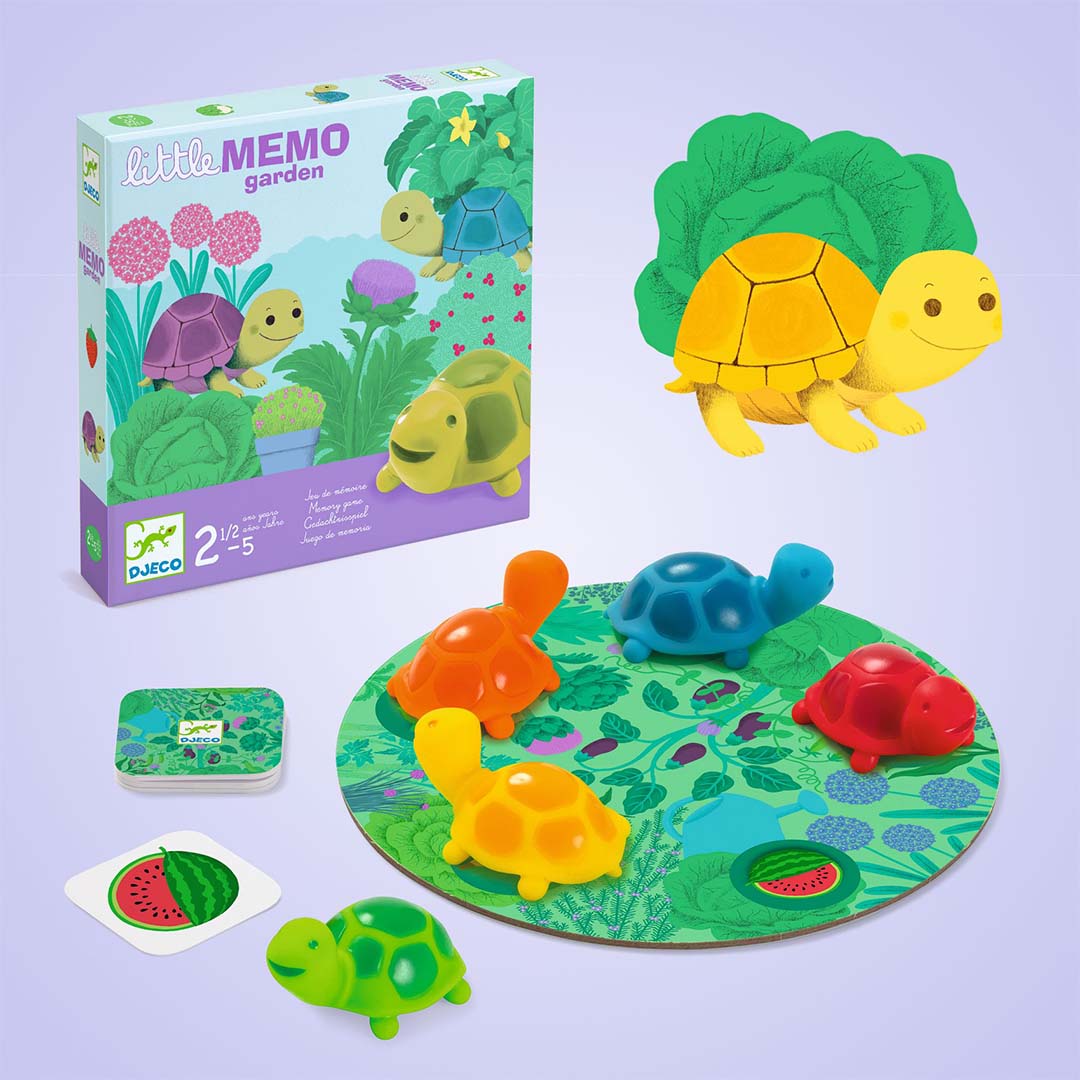 Djeco Little Memo Garden memory spel met de ronde speelmat, vijf gekleurde schildpadjes en de speldoos.