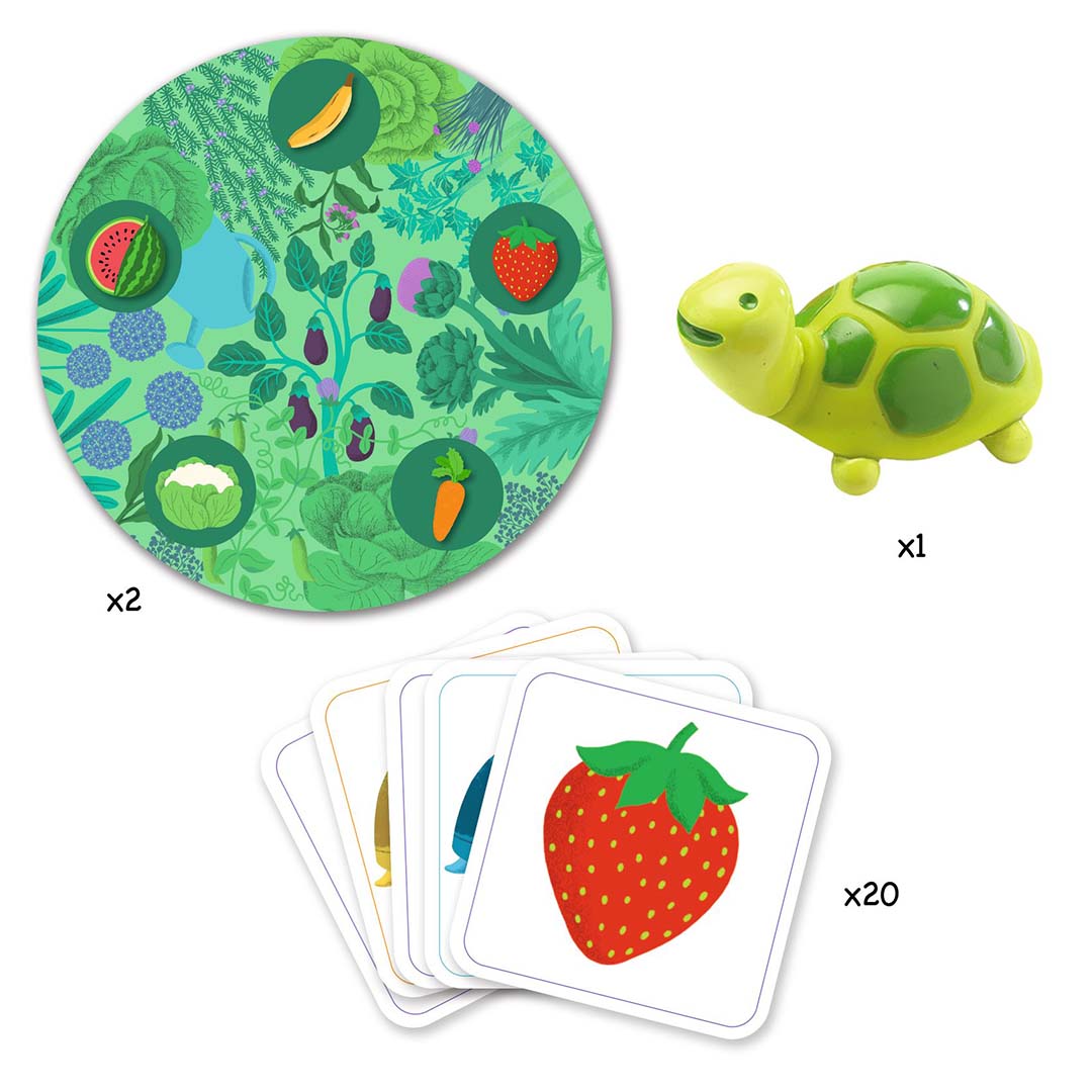 Infographic van de Djeco Little Memo Garden memory spelonderdelen, inclusief speelmat, schildpad en speelkaarten.