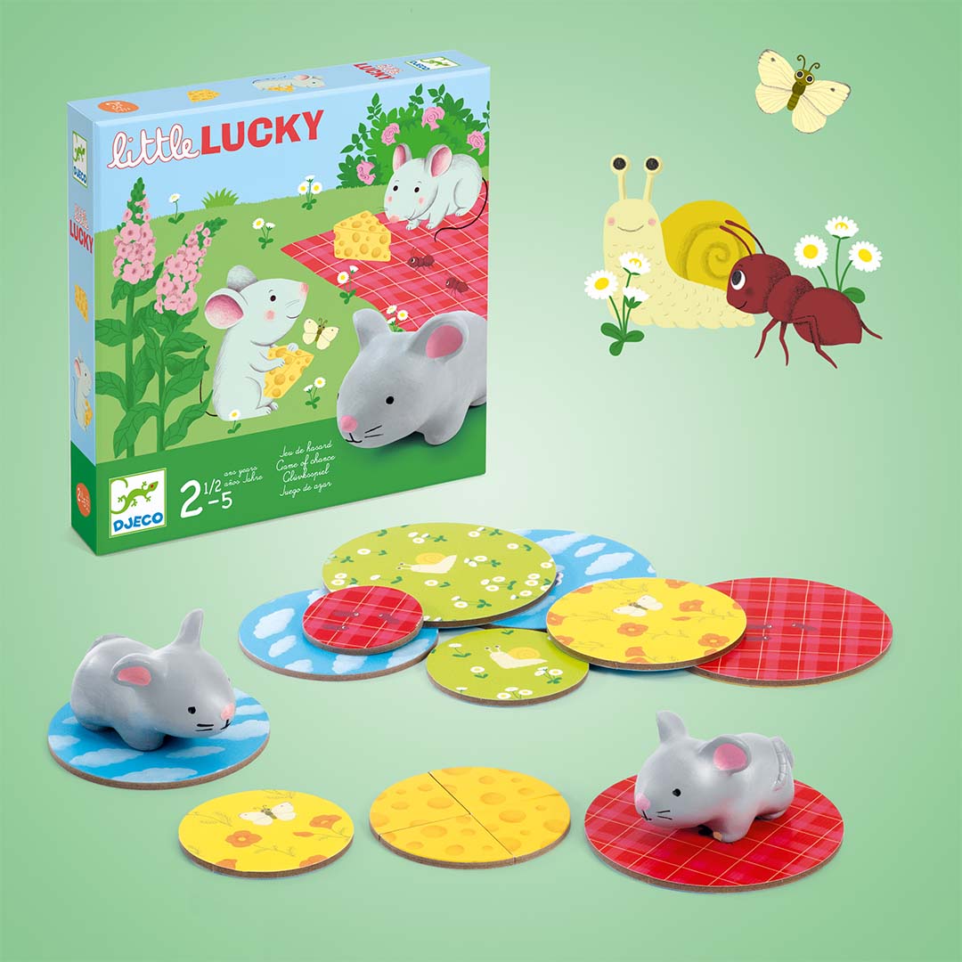 Djeco Little Lucky bordspel met verpakking en alle speelonderdelen, inclusief muisfiguurtjes en ronde kaarten.