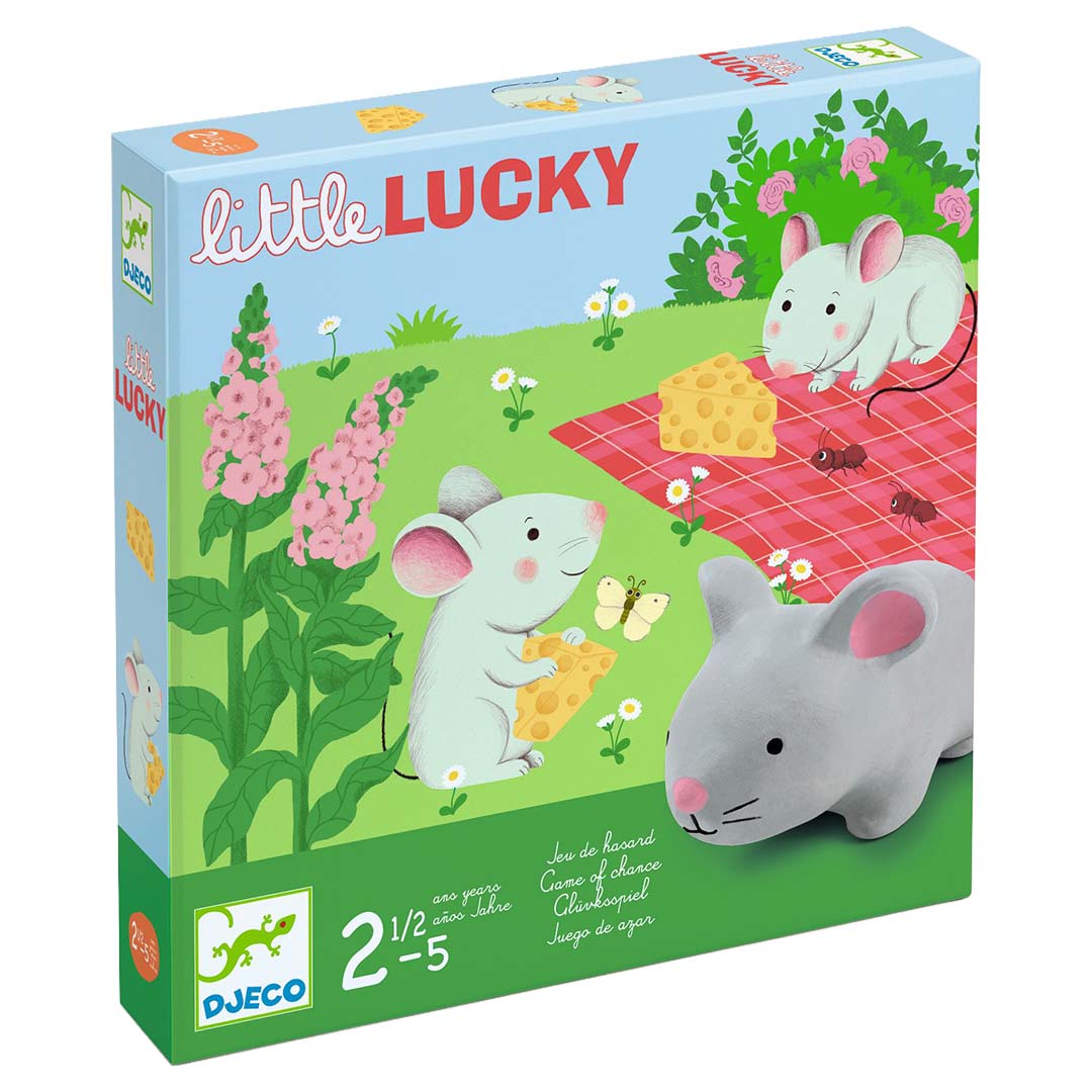 Djeco Little Lucky bordspel verpakking met illustraties van muizen, kaas en een tuin.