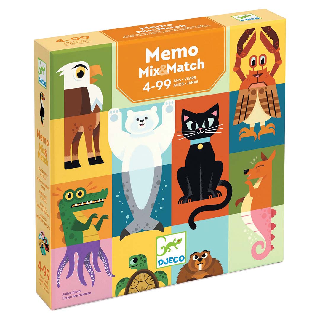 Djeco Memo Mix&Match memory game verpakking met kleurrijke dierenillustraties.