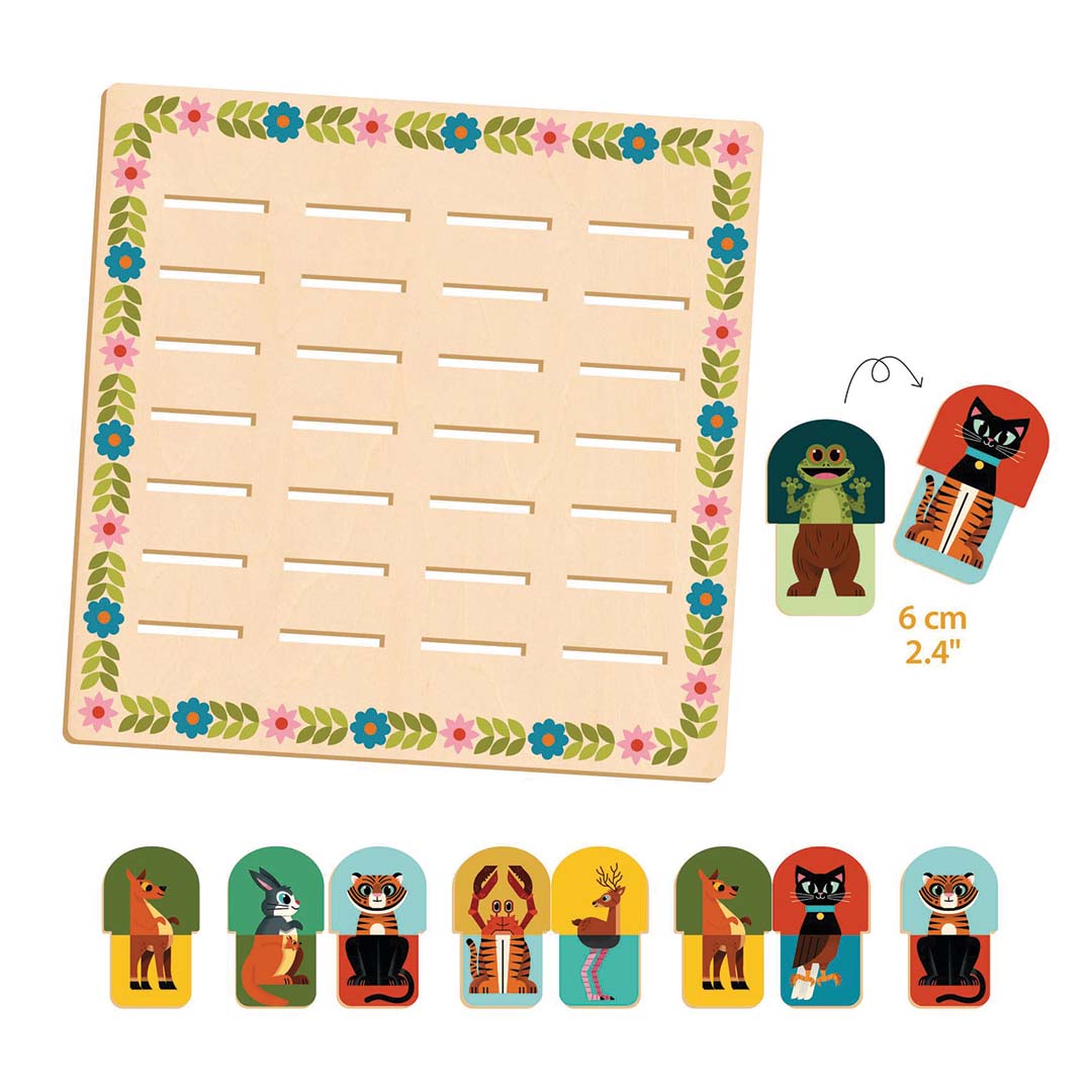 Leeg houten speelbord van de Djeco memory game met losse dierfiches en afmetingen.