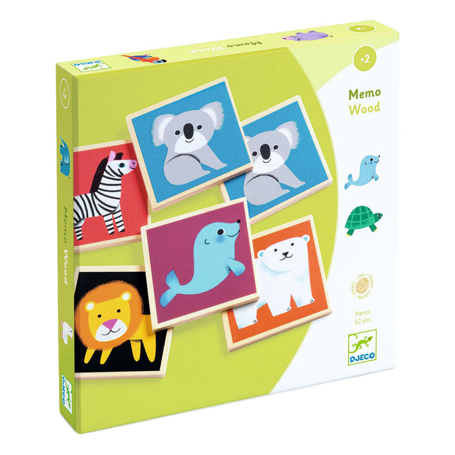 De verpakking van het Djeco houten memorie spel met wilde dieren.