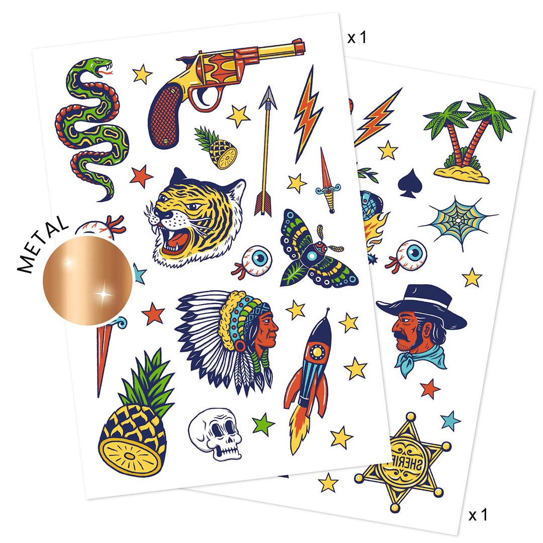 Twee vellen met metallic tijdelijke tatoeages met diverse figuren zoals een tijger, slang, schedel, raket, cowboy en sterren.