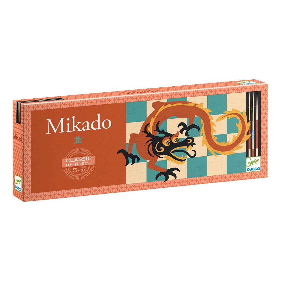 De verpakking van het Djeco Mikado behendigheidsspel met een draak en ruitpatroon.