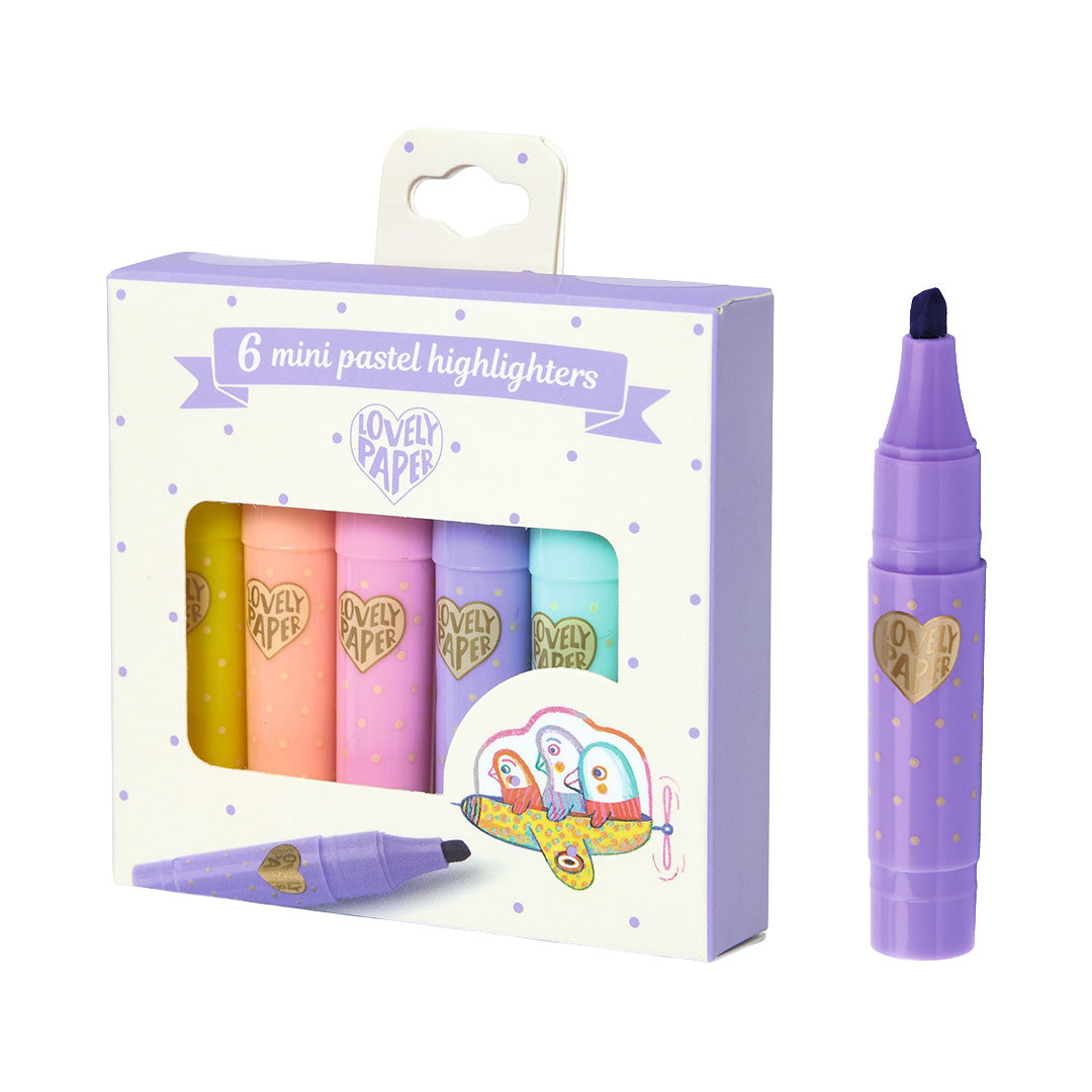Djeco verpakking met 6 mini pastel markeerstiften en een losse paarse markeerstift.