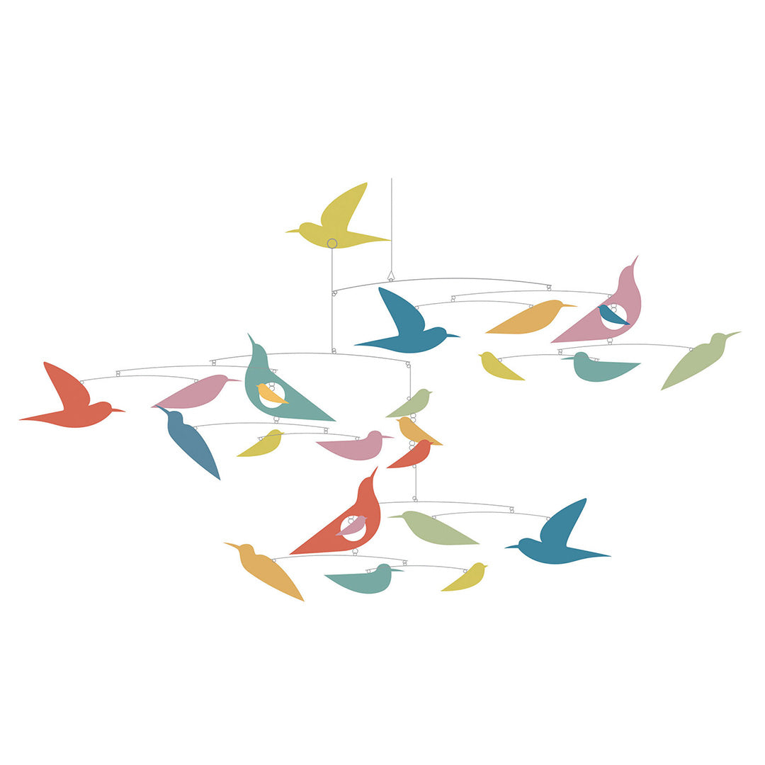 Djeco mobile met veelkleurige vogels.