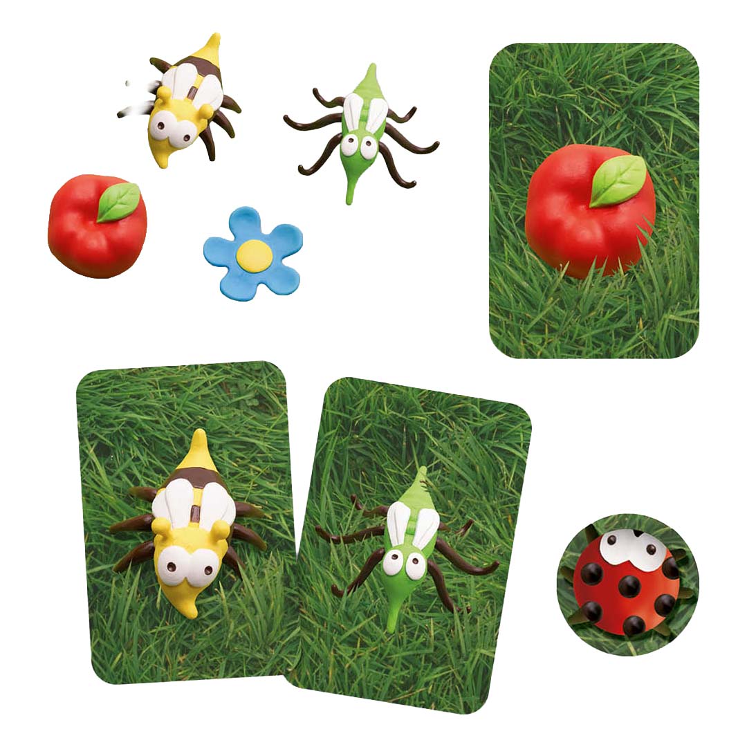 Onderdelen van het Mosquito behendigheidsspel met insectenfiguren, kaarten en tokens.