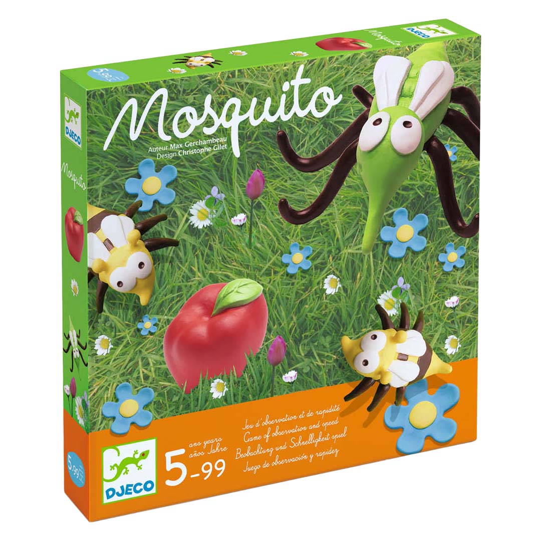 Djeco Mosquito behendigheidsspel verpakking met cartoon muggen, bloemen en een appel op gras.