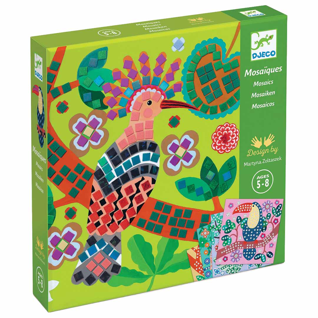Djeco mozaïek hobbyset voor kinderen met een kleurrijke vogel op de groene verpakking.