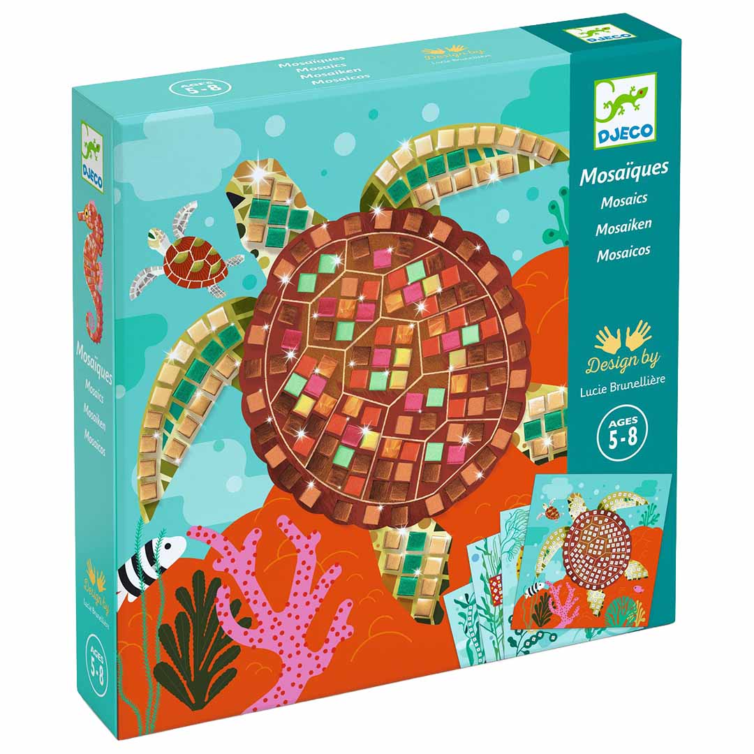 Djeco mozaïekset Cariben verpakking met een afbeelding van een mozaïek zeeschildpad en andere zeedieren.