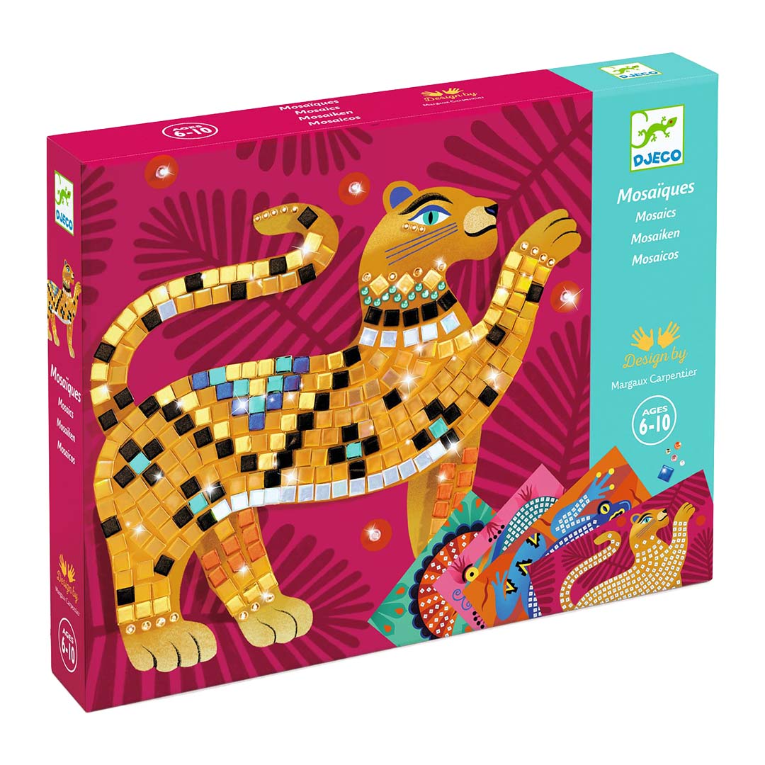 Djeco mozaïek hobbyset verpakking met een afbeelding van een mozaïek luipaard.