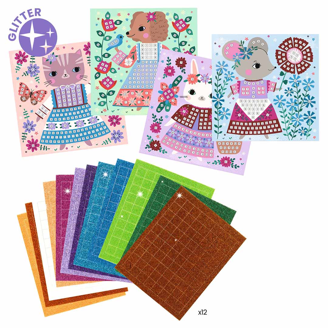 Vijf voltooide mozaïekkunstwerken van lieve huisdieren en diverse glitter mozaïekstickervellen.