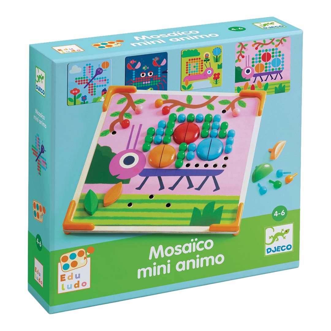 De verpakking van de Djeco Mosaïco mini animo houten mozaïekpuzzel met een insectenthema.