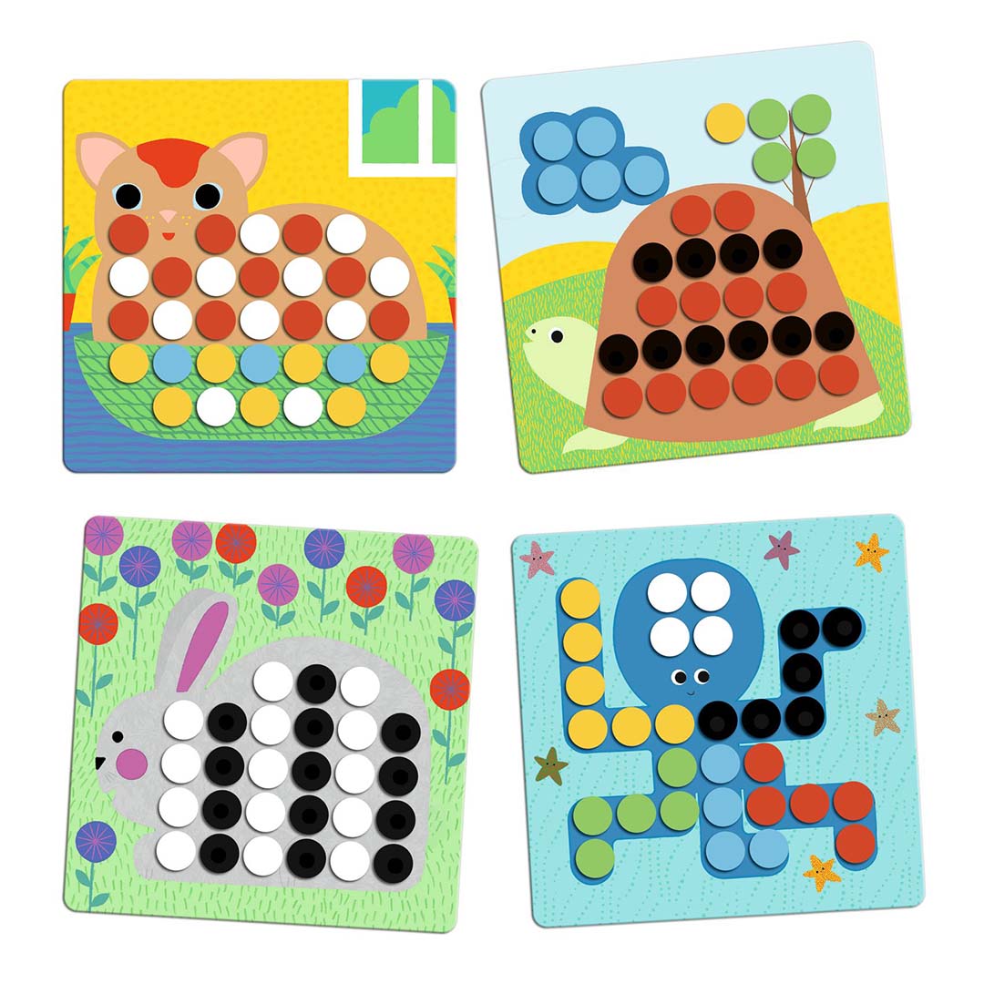 Vier voorbeeldkaarten voor de mozaïekpuzzel met patronen van een hamster, schildpad, konijn en octopus.